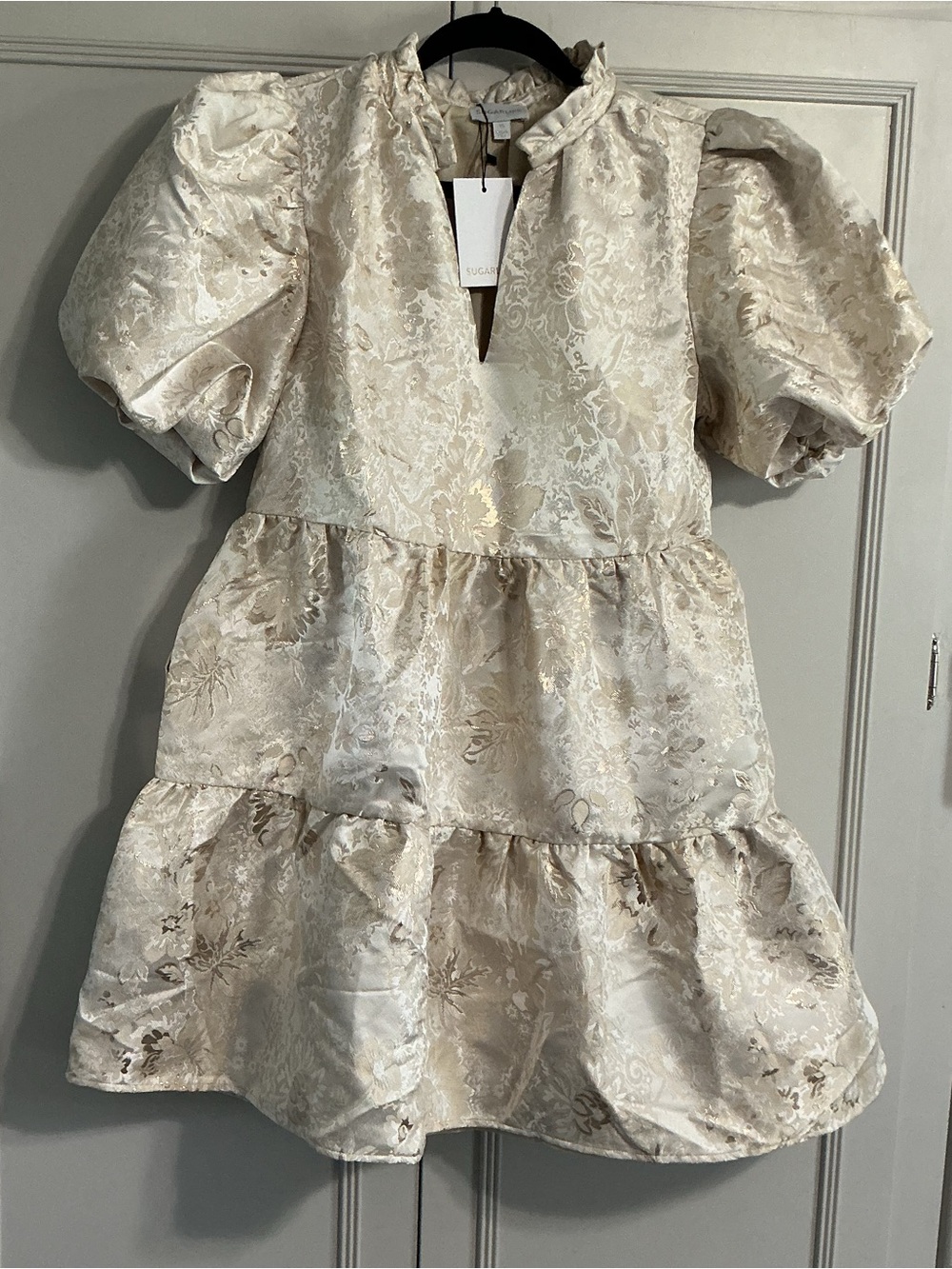 NWT Sugarlips Lola Jacquard Jacey Puff Sleeve Babydoll Mini Dress XS